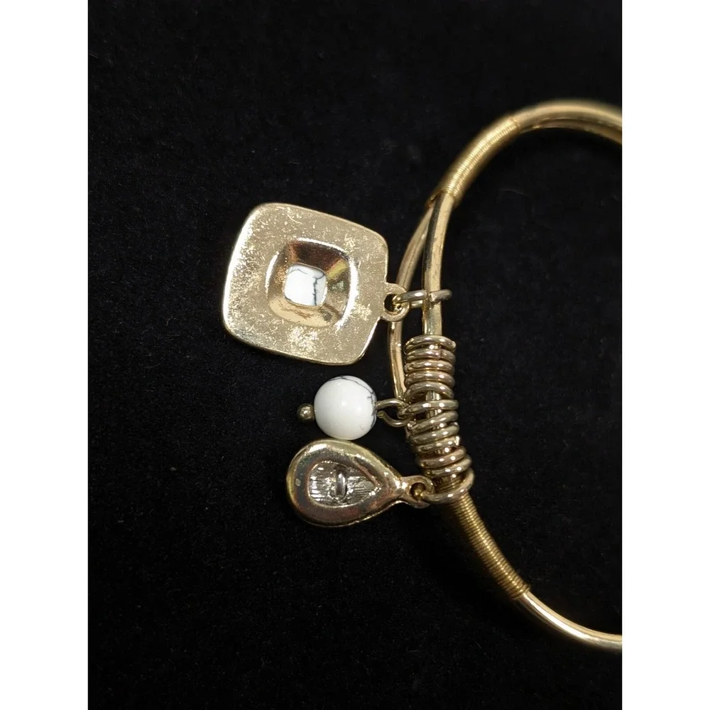 Two Tone Cable Cuff Bracelet Gold Silver Square‎ Charm Small 6 in Minimalist